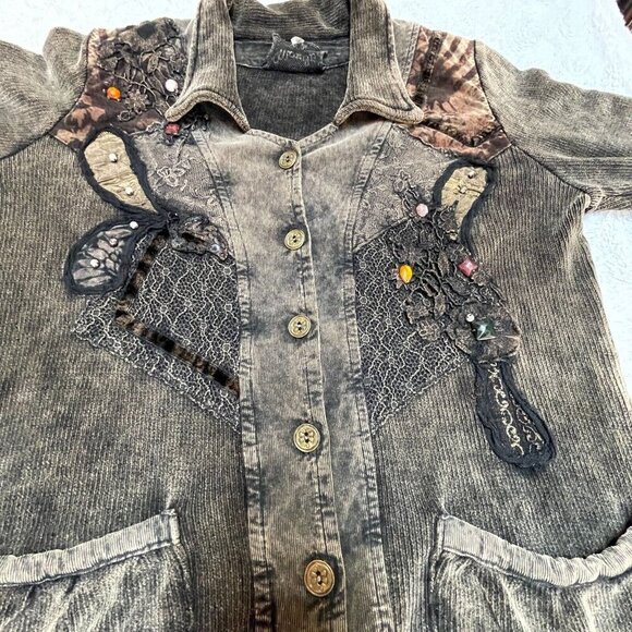 Marilu Embellished Beaded Sequin Jacket Burnout Patchwork S/M Gray Boho Italy - Picture 11 of 12